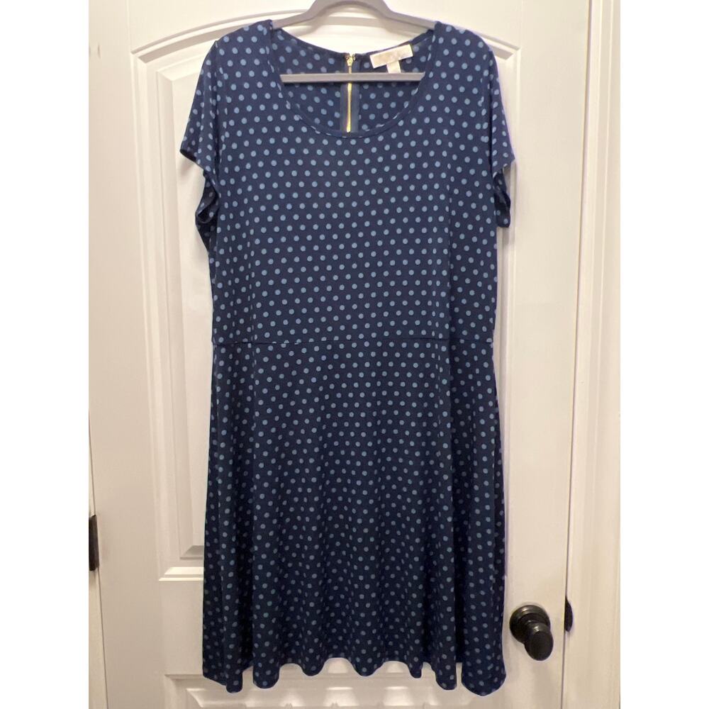 Michael Kors Women’s Scoop Neck Polka Dot Short Sleeve Shift Dress Size‎ 2X Blue